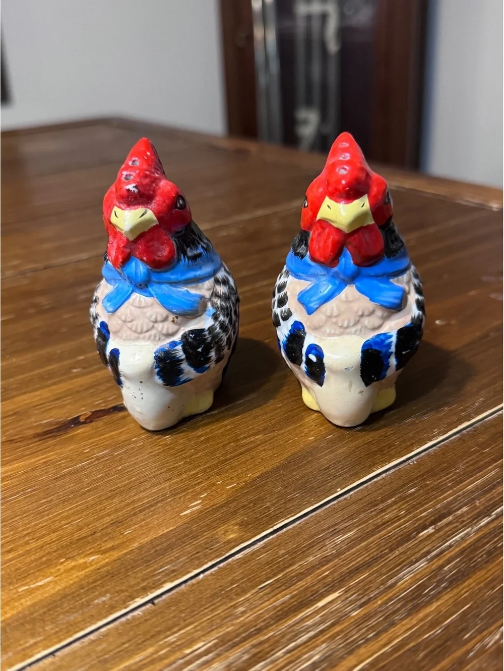 Vintage Rooster Salt Pepper Shaker Ceramic Hand Painted Blue Red Farmhouse China